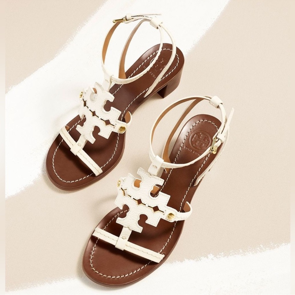 Tory Burch Ivory Leather Logo Ankle-Strap Sandals with Brown Footbed